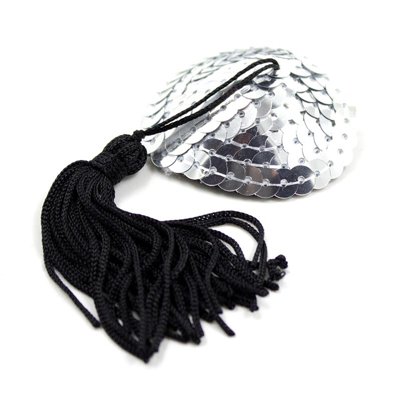 Self Adhesive Heart Sequin Nipple Cover with Tassel Silver Black