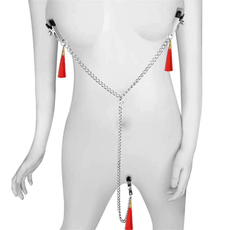 Chain with Nipple and Clitoris Clamps Red