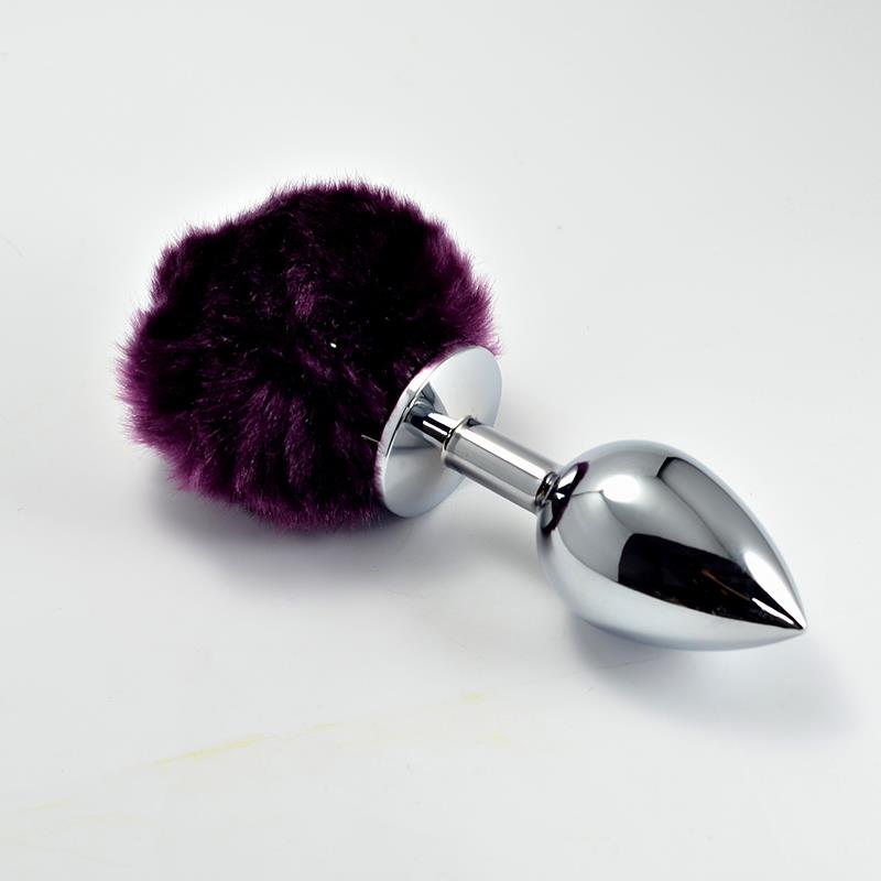 Metal Butt Plug with Purple Pompon Size S