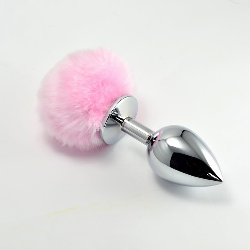 Metal Butt Plug with Pink Pompon Size S