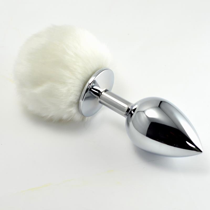 Metal Butt Plug with White Pompon Size L